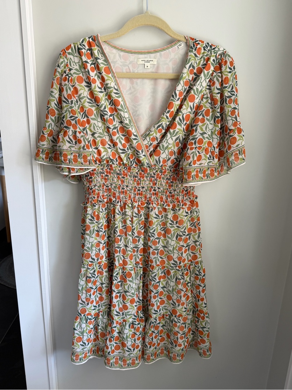 Max Studio Cream Midi Dress with Orange & Green Fruit Print